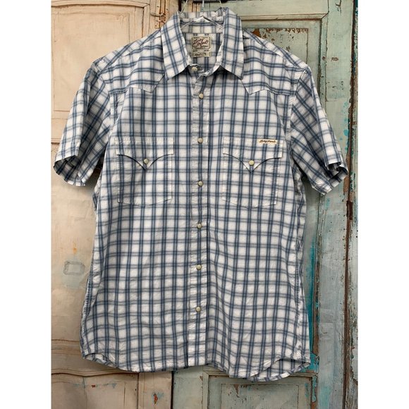 Lucky Brand Western Button Down Pearl Snap Short Sleeve Medium Blue White Plaid - Picture 1 of 7